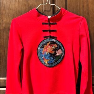 Chinese Red Kids Shirt with Embroidered Fish Design
